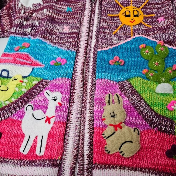 Kids Alpaca Wool Knit Zip Up Sweater Jacket Hood Cactus Animals Made In Peru - Picture 2 of 6